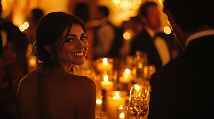 Guests mingling and sipping cocktails at the elegant, candlelit reception