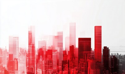 A city skyline with red buildings and a white background. Concept of chaos and disarray, with the red buildings appearing to be in motion
