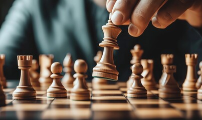 A man is playing chess with a wooden chess piece. The man is holding the piece in his hand and is about to move it. The chess pieces are arranged on a black and white board