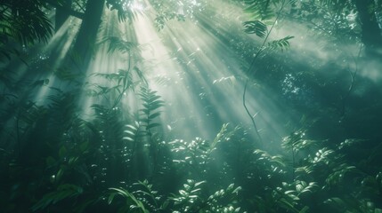 Obraz premium Rays of sunlight penetrate the dense foliage of a lush rainforest, creating a magical and tranquil atmosphere. This scene is ideal for themes of tropical nature, serenity, and the untouched beauty of