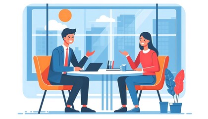 Two colleagues discussing work in flat design