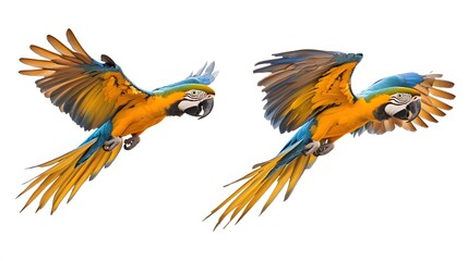 Fototapeta premium Blue-and-yellow Macaws, Flying on White Background, Realistic Photo, Texture, Pattern Background, Wallpaper, Cover and Screen for Smartphone, PC, Laptop, 9:16 and 16:9 Format
