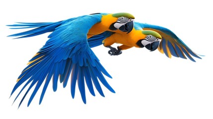 Obraz premium Blue-and-yellow Macaws, Flying on White Background, Realistic Photo, Texture, Pattern Background, Wallpaper, Cover and Screen for Smartphone, PC, Laptop, 9:16 and 16:9 Format