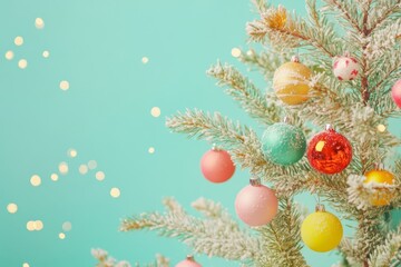 Christmas tree decorated. A vibrant Christmas tree adorned with multicolored lights and baubles, glowing against a soft green background