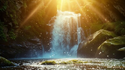 Fototapeta premium A bright, mesmerizing waterfall is illuminated by sunlight, creating a stunning display of light and water. The surrounding lush green vegetation and moss-covered rocks enhance the beauty and