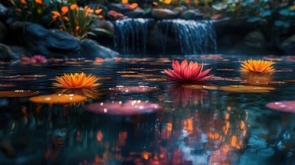 Fototapeta premium A serene pond with water lilies, a cascading waterfall, and lush greenery, creating a tranquil and peaceful atmosphere.