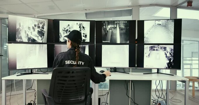 Security guard, surveillance and person in office, screen and watch of footage in computer and camera. Digital, safety and bodyguard of business, monitor and inspection of building in control room