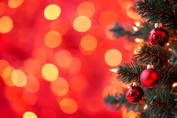 Christmas tree decorated. A vibrant Christmas tree adorned with multicolored lights and baubles, glowing against a soft red background