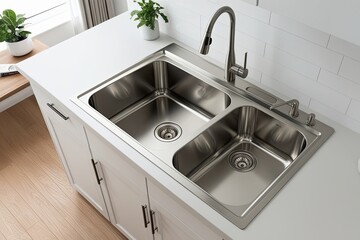 Three-Dimensional Top View of a Modern Stainless Steel Kitchen Sink in a Clean Apartment Setting