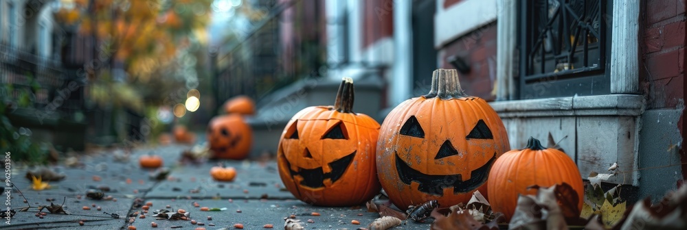 Poster Pumpkins Adorned for Halloween in an Outdoor Environment