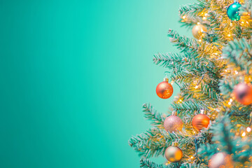 Christmas tree decorated. A vibrant Christmas tree adorned with multicolored lights and baubles, glowing against a soft green background