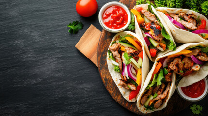 Three tacos filled with grilled chicken, fresh vegetables, and salsa served on a wooden board with a dark background.