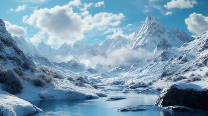 Snowy Mountain Range with a Winding River
