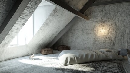 Minimalist Attic Bedroom with White Walls and Exposed Beams