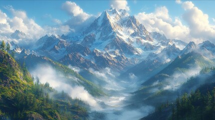 A majestic snow-capped mountain peak rises above a valley shrouded in mist, with lush green slopes and a clear blue sky.