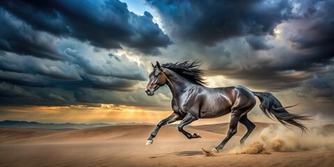 Dark horse running through desert landscape with dramatic sky in background, horse, dark, desert, running, landscape, sky