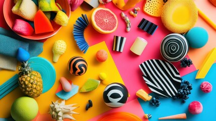 Colorful Still Life with Fruit, Geometric Shapes, and Objects