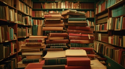 A stack of vintage books in an old, cozy library. The warm lighting and abundance of books create an inviting and nostalgic atmosphere, perfect for themes related to literature, knowledge, and history