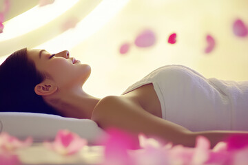 Japanese Woman Indulging in a Rejuvenating Spa Experience on a Massage Table Surrounded by Pink Flower Petals and a Pristine White Background