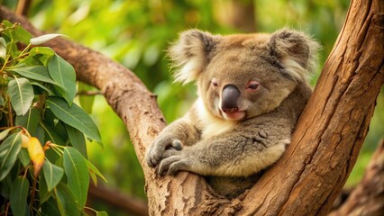 Obraz premium Koala resting in eucalyptus tree , Australia, wildlife, cute, furry, marsupial, native, eucalyptus leaves, nature