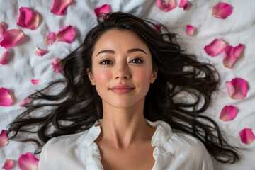 Naklejka premium Blissful Japanese Woman Relaxing on a Massage Table with Pink Flower Petals and a White Background in a Spa Setting Focused on Beauty