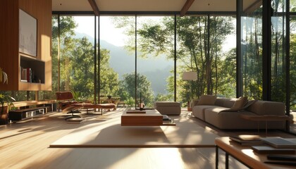 Fototapeta premium Modern living room with large windows overlooking a green forest and mountains.