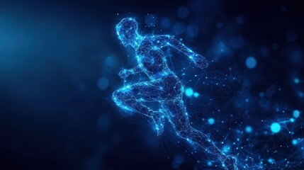 A futuristic runner in a digital universe, showcasing speed and energy through glowing particles and vibrant colors.