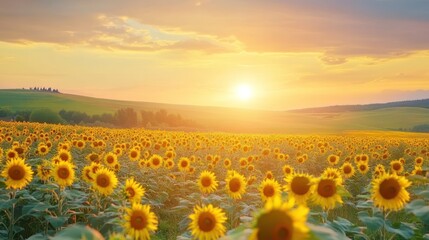 Fototapeta premium Sun Setting Over a Field of Sunflowers