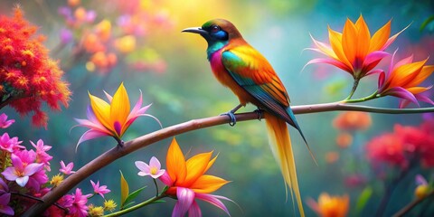 Obraz premium Bird of paradise perched on a branch with vibrant flowers, captured in impressionistic style