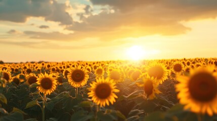 Fototapeta premium Sunlit Field of Sunflowers at Sunset