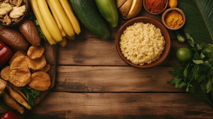 Fresh ingredients and a bowl of rice on a wooden table, showcasing vibrant colors and textures.