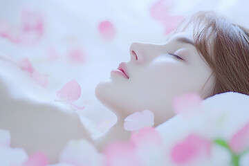 Serene Japanese Woman Receiving a Luxurious Spa Treatment on a Massage Table with Delicate Pink Flower Petals and a Clean White Backdrop