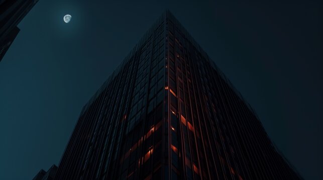 A striking nighttime view of a tall building with illuminated windows and the moon shining brightly in the sky. The dark blue tones and dramatic angles create a sense of awe and mystery.