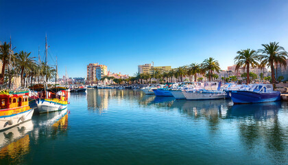 Sunny marina with boats, clear blue sky, and palm trees