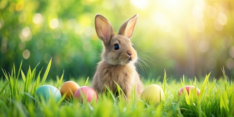 Adorable Easter bunny sitting in lush green grass, Easter, bunny, cute, animal, grass, spring, holiday, festive, colorful
