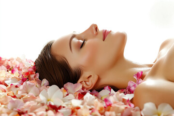 Relaxing Japanese Woman Enjoying a Luxurious Spa Treatment on a Massage Table Surrounded by Pink Flower Petals and a White Background. Perfect for Beauty and Skin Care Concepts.