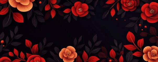 A vibrant floral design featuring red and orange roses against a dark background, perfect for invitations and decor.