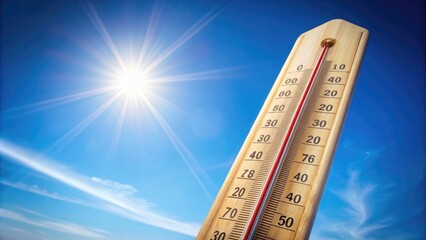 A close-up of a thermometer displaying high temperature against a clear blue sky, heat, thermometer, hot, sky, summer, high