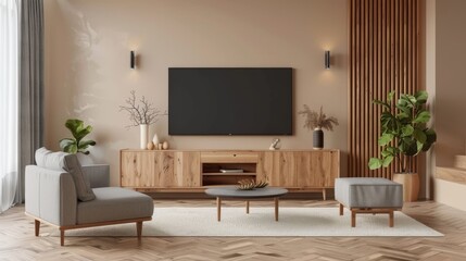 Empty living room mockup a TV wall mounted with sofa in living room with cream color wall- 3D rendering 