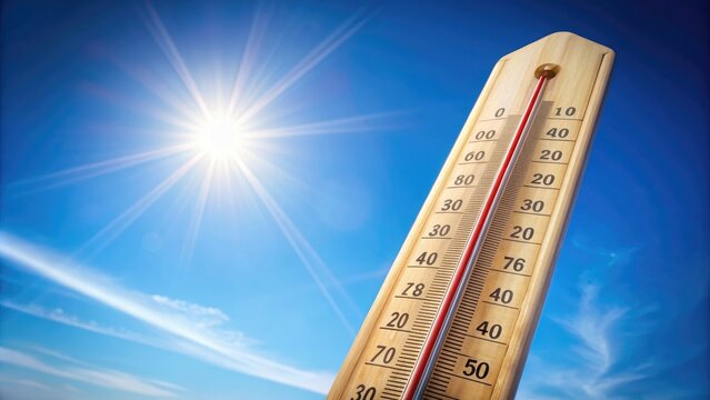 A close-up of a thermometer displaying high temperature against a clear blue sky, heat, thermometer, hot, sky, summer, high