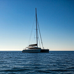 Fototapeta premium A serene catamaran sails on a calm blue sea under a clear sky