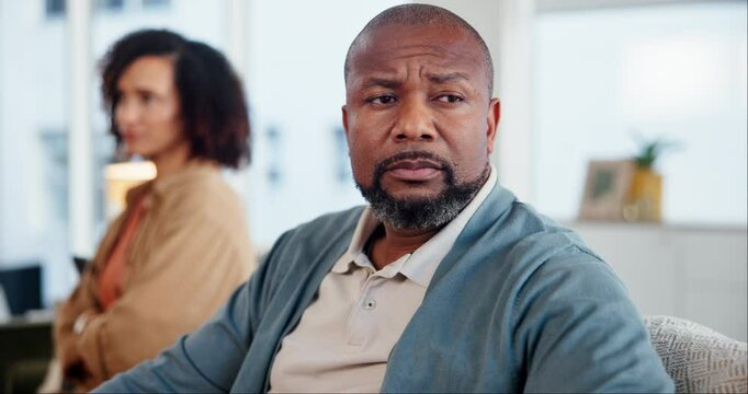 Angry, man and thinking with couple conflict for relationship disaster, marriage fight and cheating stress. Disappointed, male person and woman for divorce risk, loyalty fail and toxic drama at house