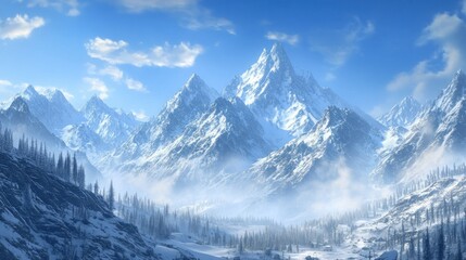 Obraz premium Majestic Snowy Mountain Range with Hazy Valley and Evergreen Trees