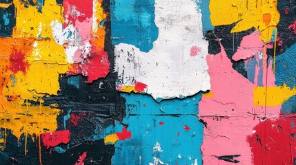 Abstract graffiti wall with splashes of bright color, rough textures, and bold strokes, perfect for an artistic pop art-inspired backdrop
