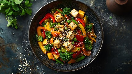 Tofu Stir Fry with Bell Peppers  Broccoli  and Sesame Seeds