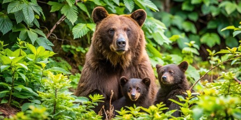 Protective mama bear guarding her cubs in the forest, mama bear, protective, cubs, family, wildlife, nature, outdoors, love