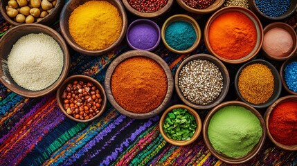 Naklejka premium Vibrant assortment of spices and herbs in rustic bowls on a colorful textile background.