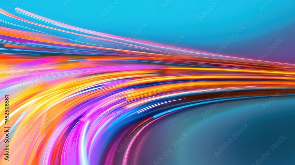 Poster colorful neon light trails flow smoothly across a dark background, creating an energetic and dynamic