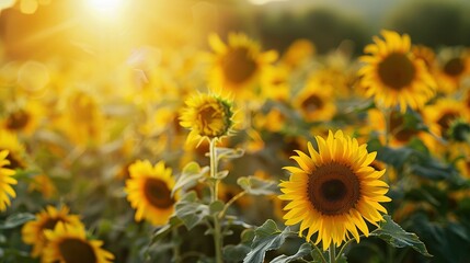 Fototapeta premium Summer Scene: A Field of Many Blooming Sunflowers
