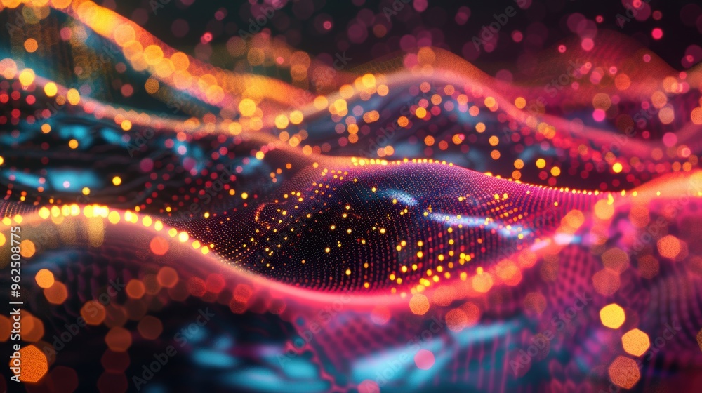 Poster colorful digital waves undulate, shimmering with tiny glowing dots that create an energetic and capt